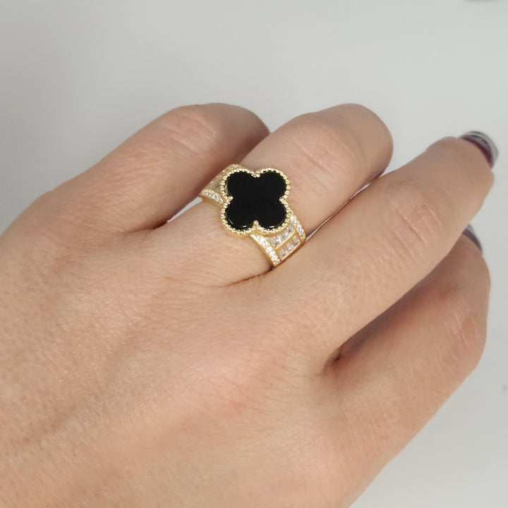 Luxury 925 Silver Gold Plated Onyx Clover Ring With Zirconia Stones Size 6