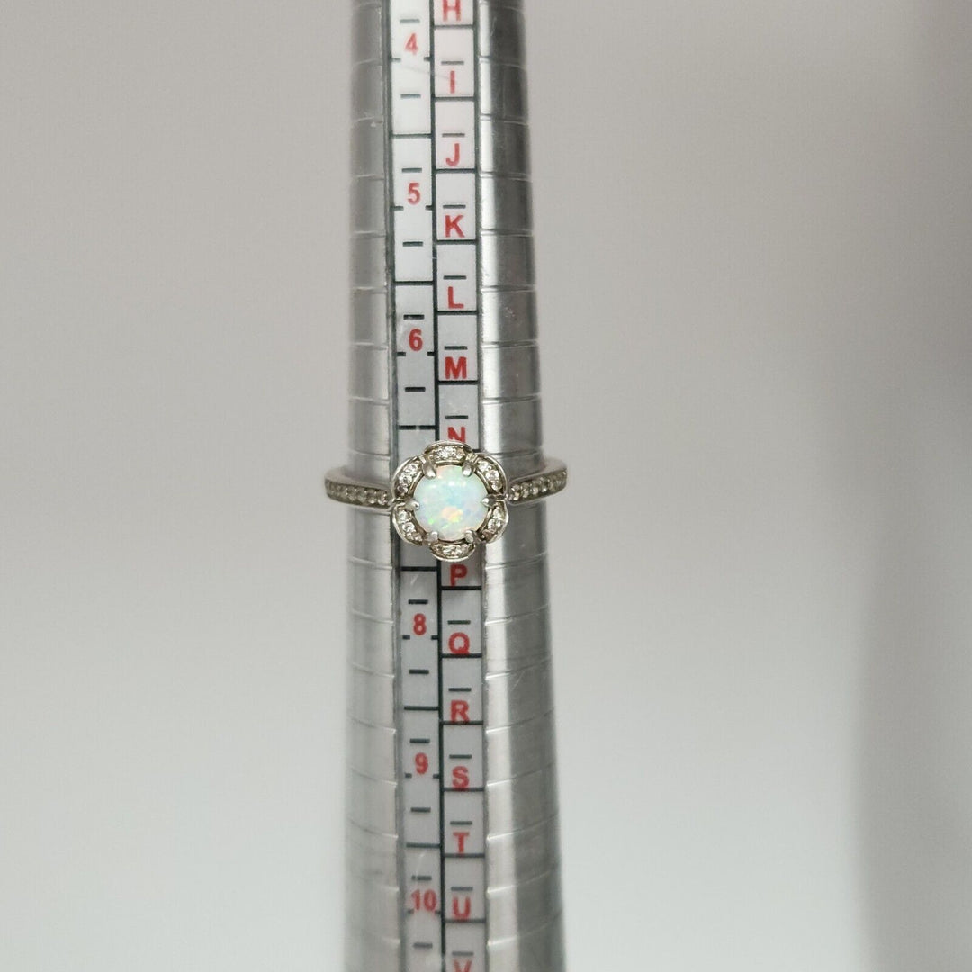 925 Sterling Silver Opal And Diamond Ring Size 6.75