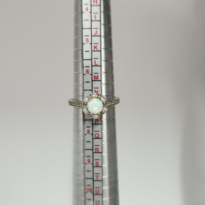 925 Sterling Silver Opal And Diamond Ring Size 6.75