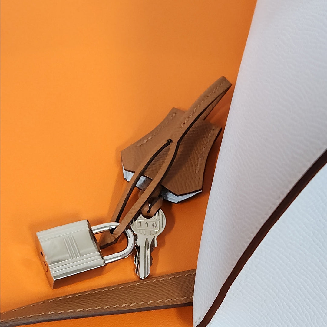 Hermès Kelly 25 Sellier Tri-Color Bleu Brume/Vert Jade/ Gold Epsom Leather Palladium Hardware/U Stamp 2022/Entrupy Authenticated