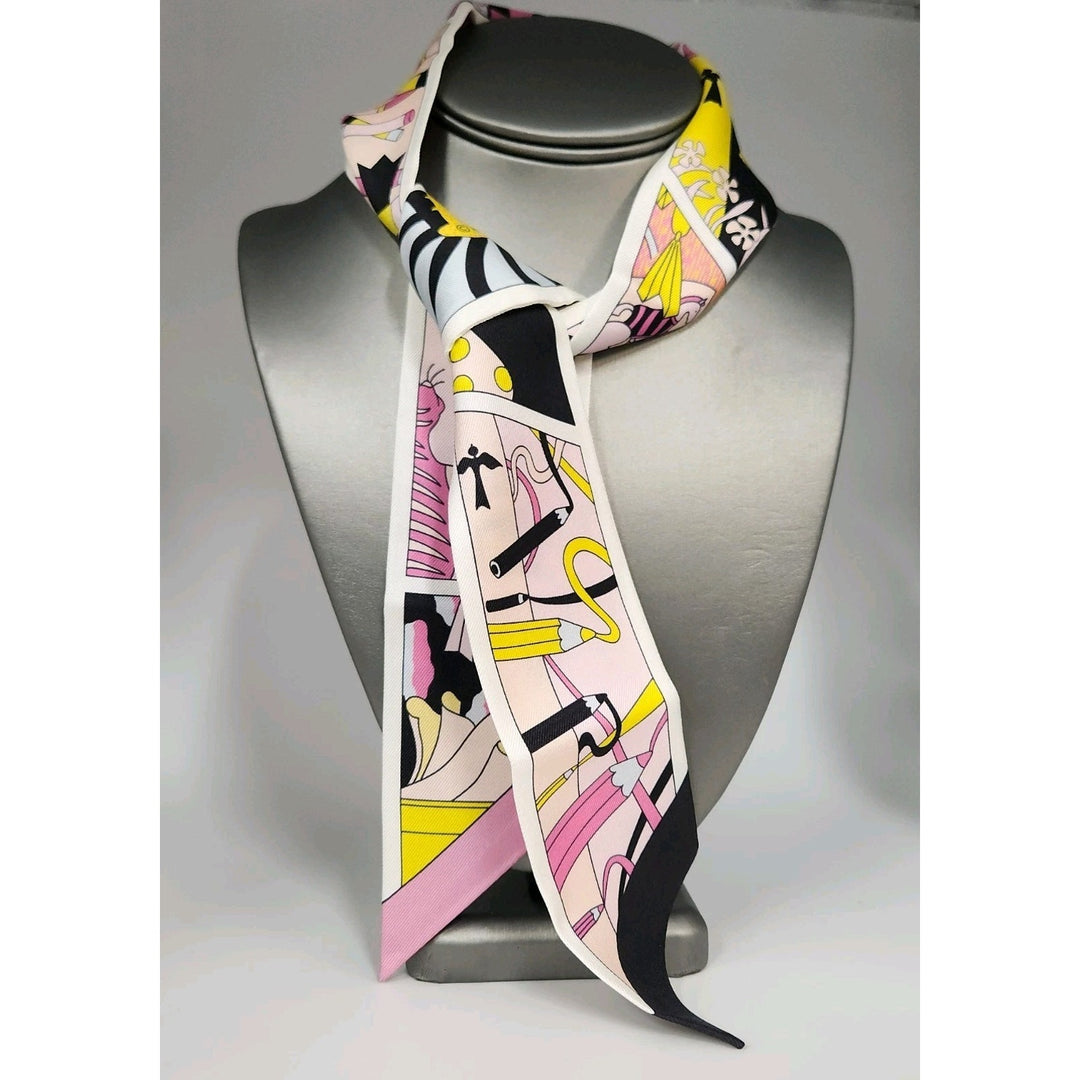 New Hermes Twilly Scarf 100% Silk FC/NOIR/Rose/Jaune Color
