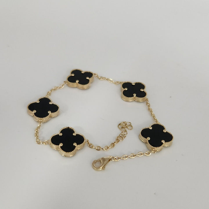 14k Yellow Gold Set Of Onyx Clover Flowers Bracelet 7.5" And Earrings
