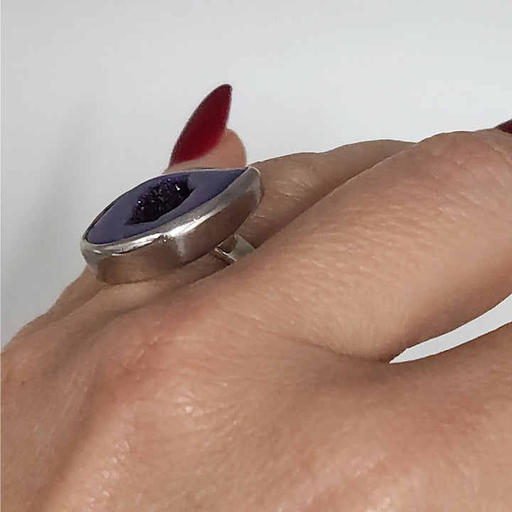 Sterling Silver Heat-Treated Purple Druzy Agate Statement Ring Size 8