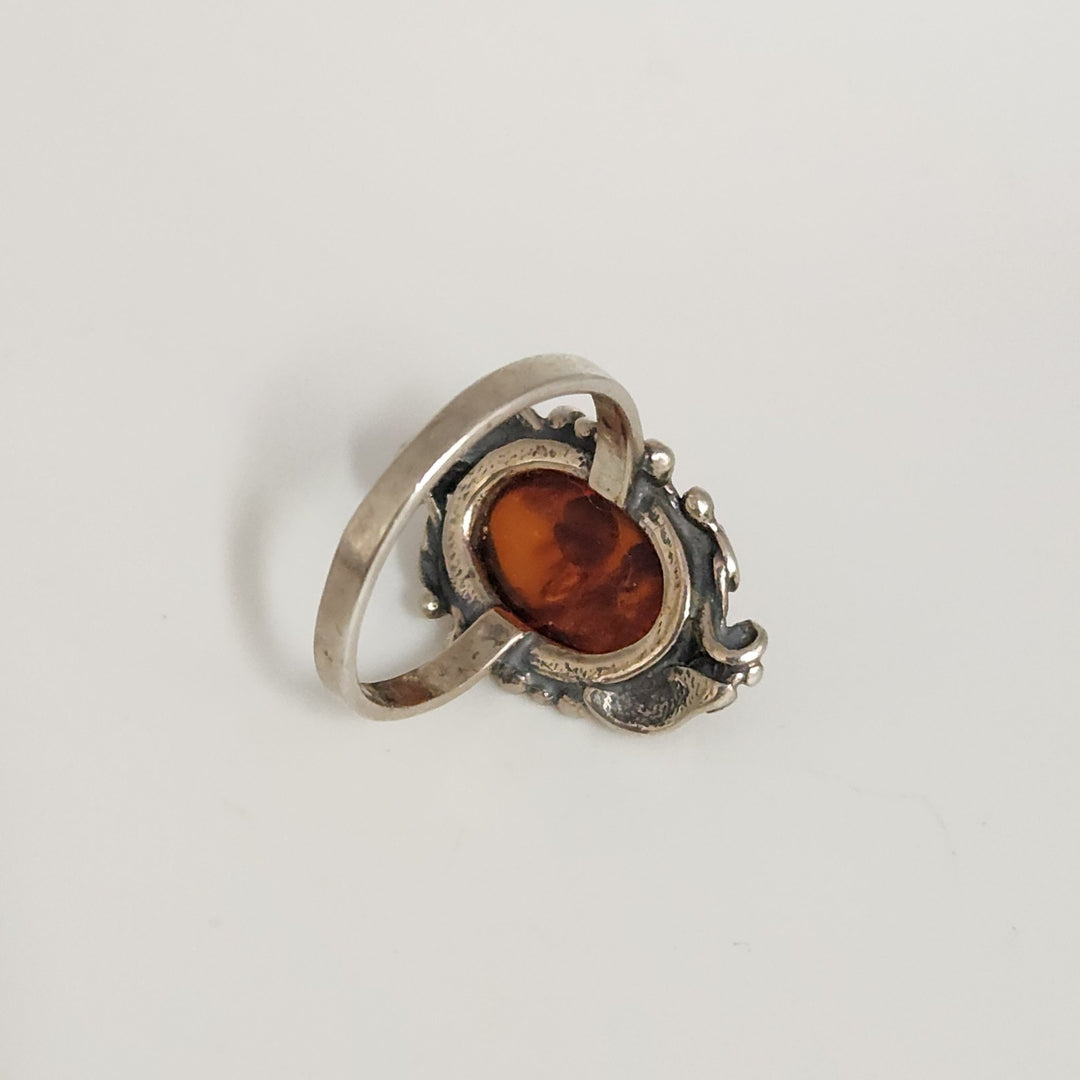 Vintage Sterling Silver Ornate Ring With Large Oval Amber Stone Handmade Floral