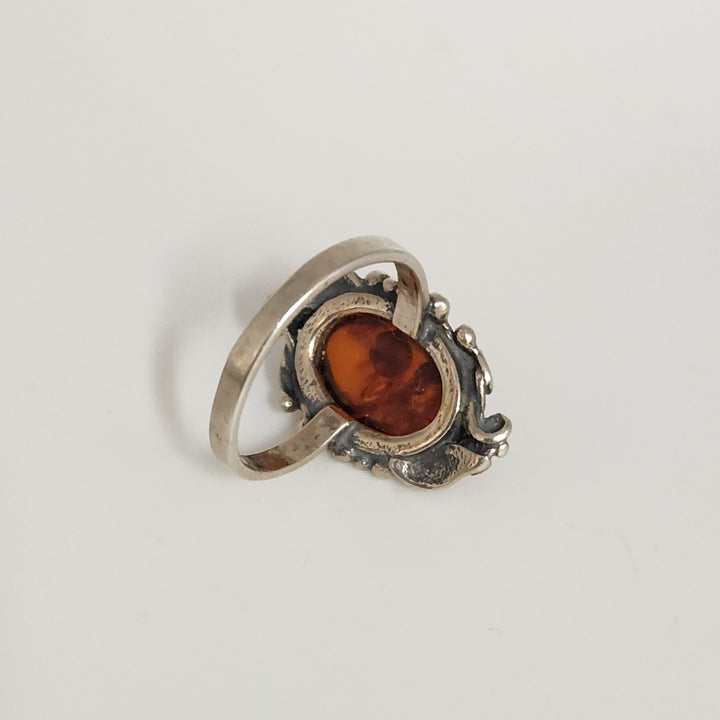 Vintage Sterling Silver Ornate Ring With Large Oval Amber Stone Handmade Floral