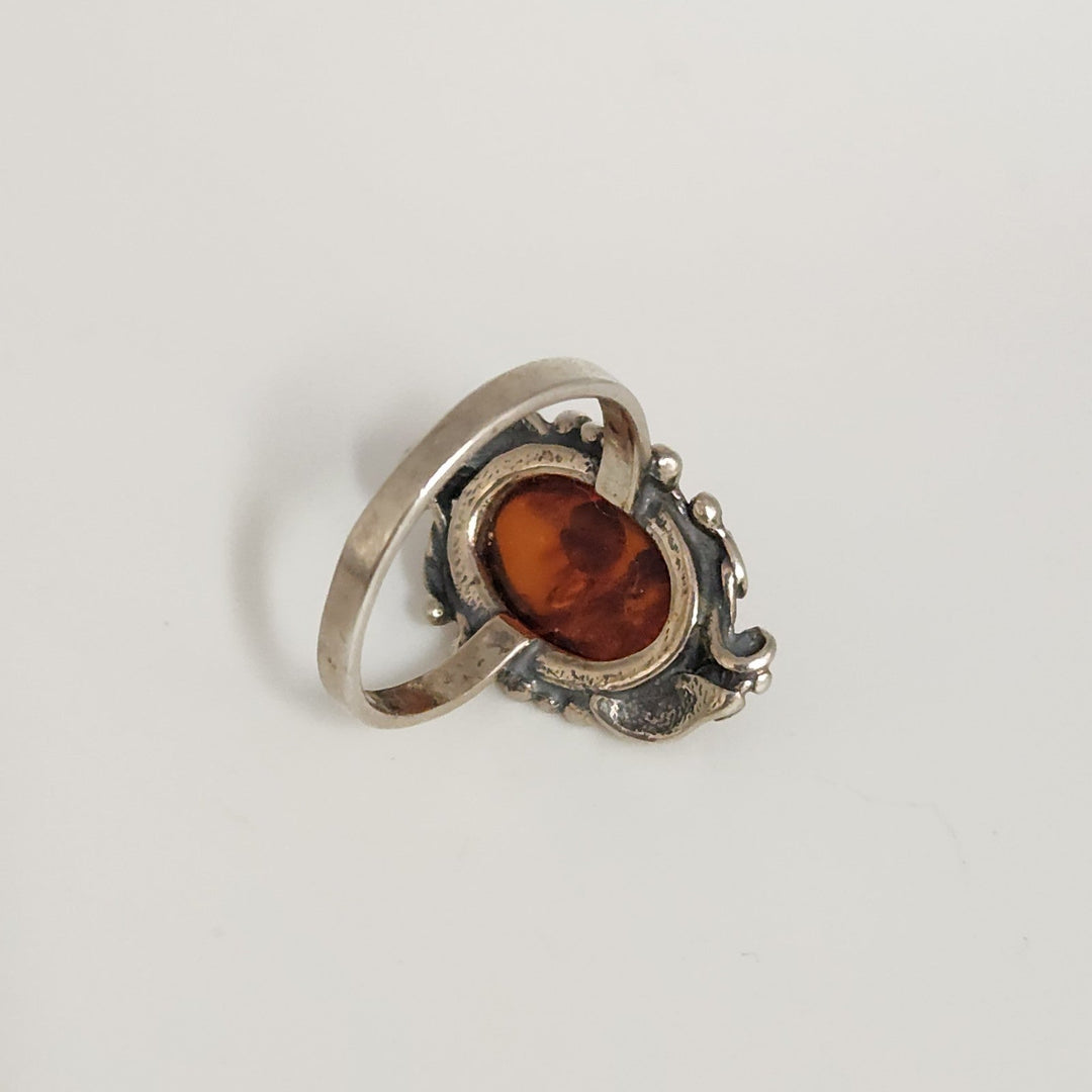 Vintage Sterling Silver Ornate Ring With Large Oval Amber Stone Handmade Floral