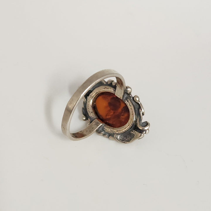 Vintage Sterling Silver Ornate Ring With Large Oval Amber Stone Handmade Floral