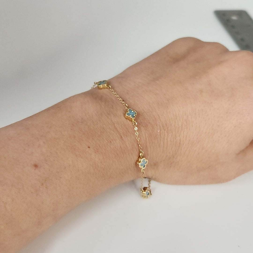 14k Yellow Gold Fashion Blue Flowers Bracelet 7.5"