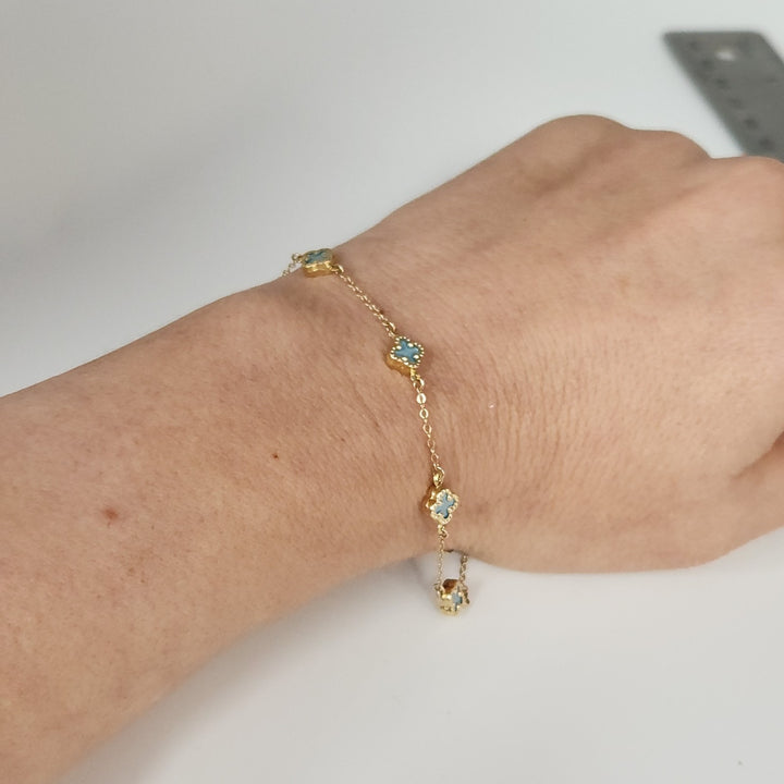 14k Yellow Gold Fashion Blue Flowers Bracelet 7.5"