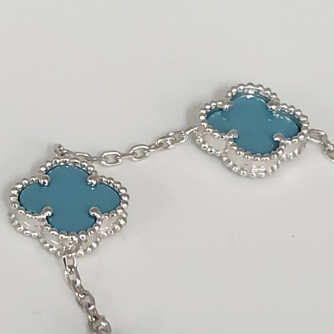 Fashion Silver Bracelet With Turquoise Floral Clover Links 7.5"