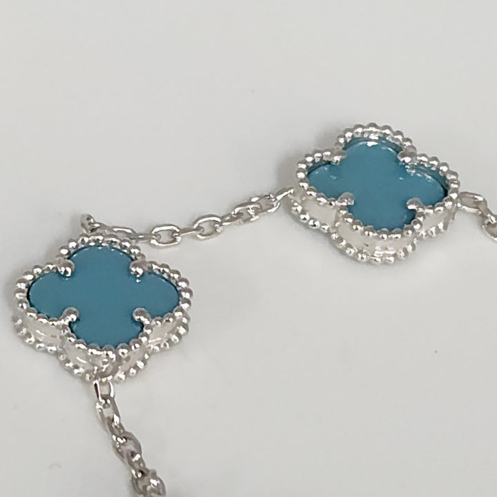 Fashion Silver Bracelet With Turquoise Floral Clover Links 7.5"
