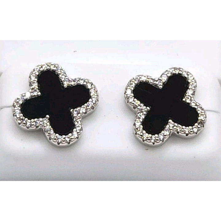 925 Sterling Silver Onyx Zirconia Flowers Stud Earrings B