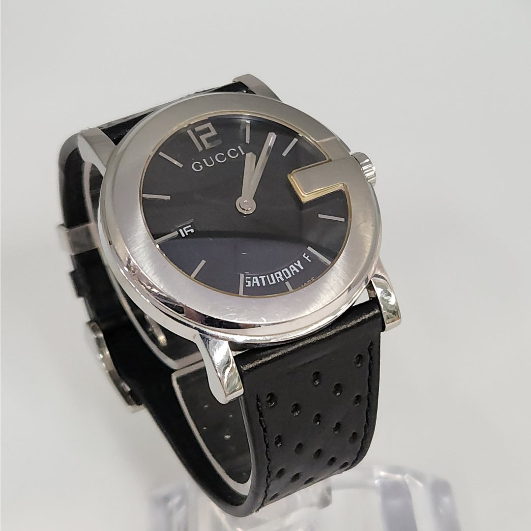 Gucci 101M  Day -Date Watch Black Dial Swiss Made Stainless Steel Leather Strap