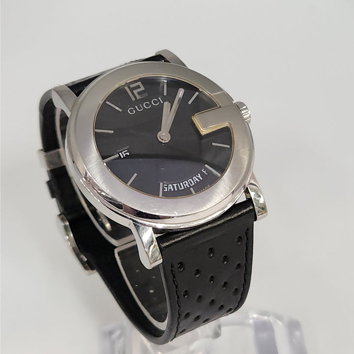 Gucci 101M  Day -Date Watch Black Dial Swiss Made Stainless Steel Leather Strap