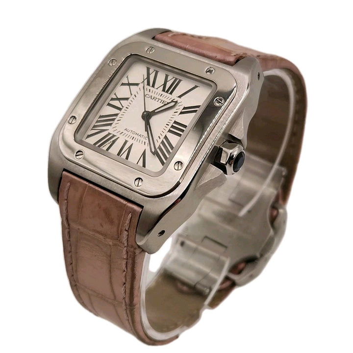 Cartier Square Pink Leather Band Automatic Stainless Steel WR Watch