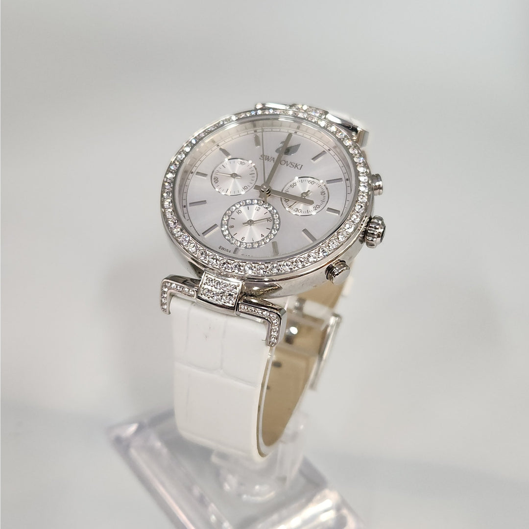 Swarovski Crystal Chronograph Stainless Steel White Leather Strap Watch