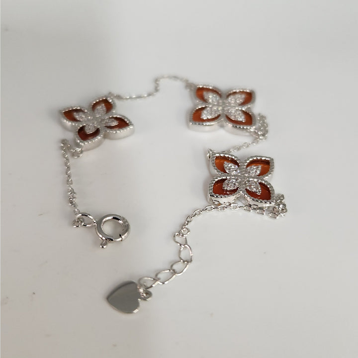 Pretty 925 Sterling Silver Red Clovers Floral bracelet 7.5 "