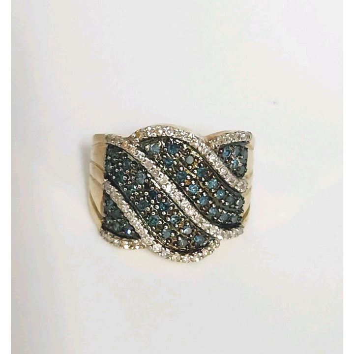 Vintage 10k Yellow Gold Blue And White Diamond Ring Size 6.75