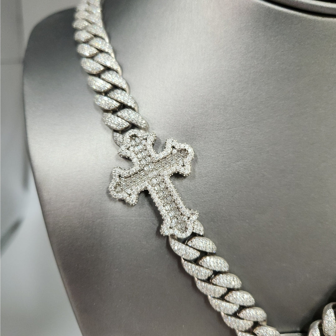 22" 925 Sterling Silver Iced Cuban Link Chain Jesus Head & Double Cross Pendants