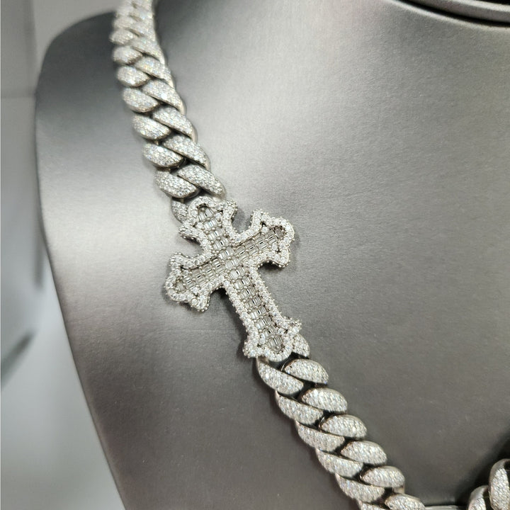 22" 925 Sterling Silver Iced Cuban Link Chain Jesus Head & Double Cross Pendants