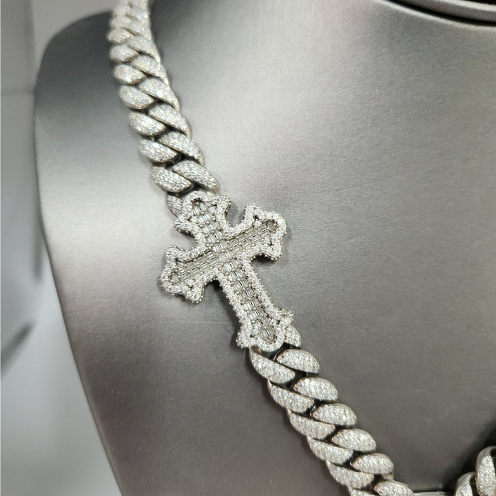 22" 925 Sterling Silver Iced Cuban Link Chain Jesus Head & Double Cross Pendants