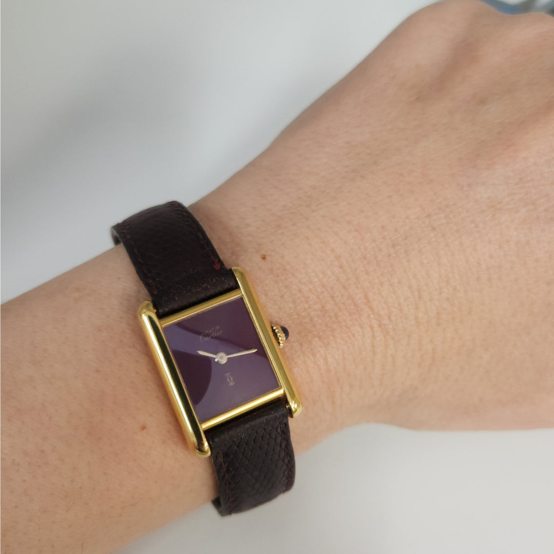 Vintage Cartier Paris Tank Vermeil Quartz Watch  Burgundy Dial Swiss Made