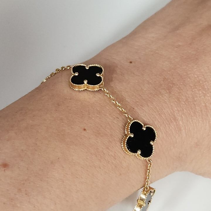 14k Yellow Gold Fashion Onyx Flowers Bracelet 7.5"