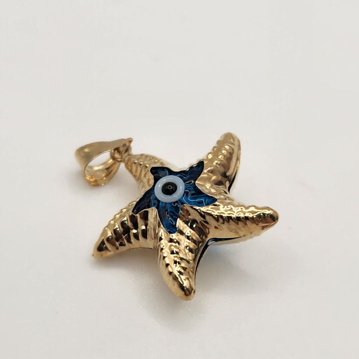 14k Yellow Gold Blue Evil Eye Star Goodluck Pendant Necklace 18"