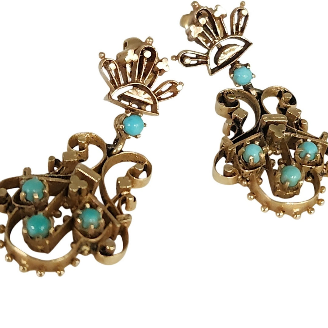 Vintage 14k Yellow Gold & blue Turquoise chandelier Stud Earrings
