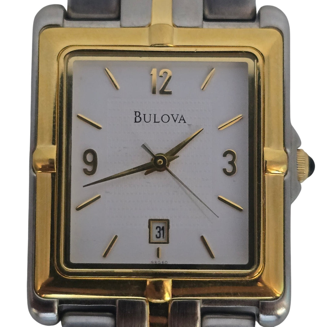 Bulova 98G60 Men's Two Tone Stainless Quartz Square Date Watch Japan Mvt w/ Box.
