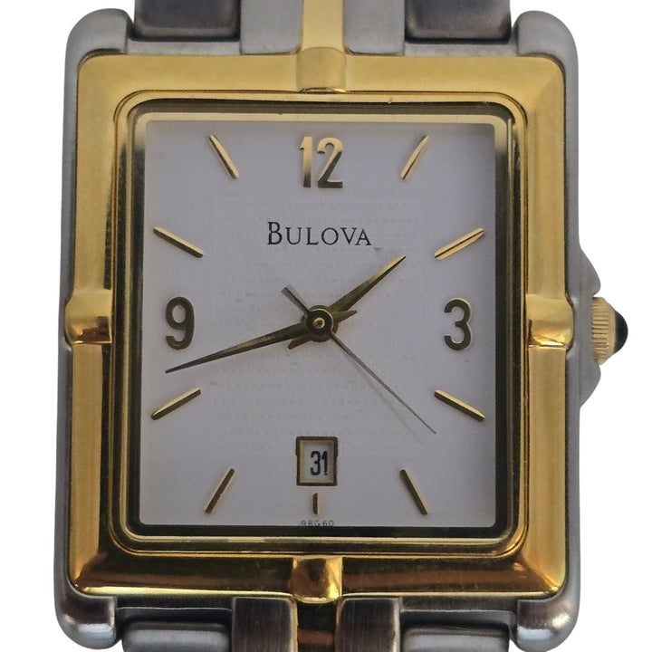 Bulova 98G60 Men's Two Tone Stainless Quartz Square Date Watch Japan Mvt w/ Box.