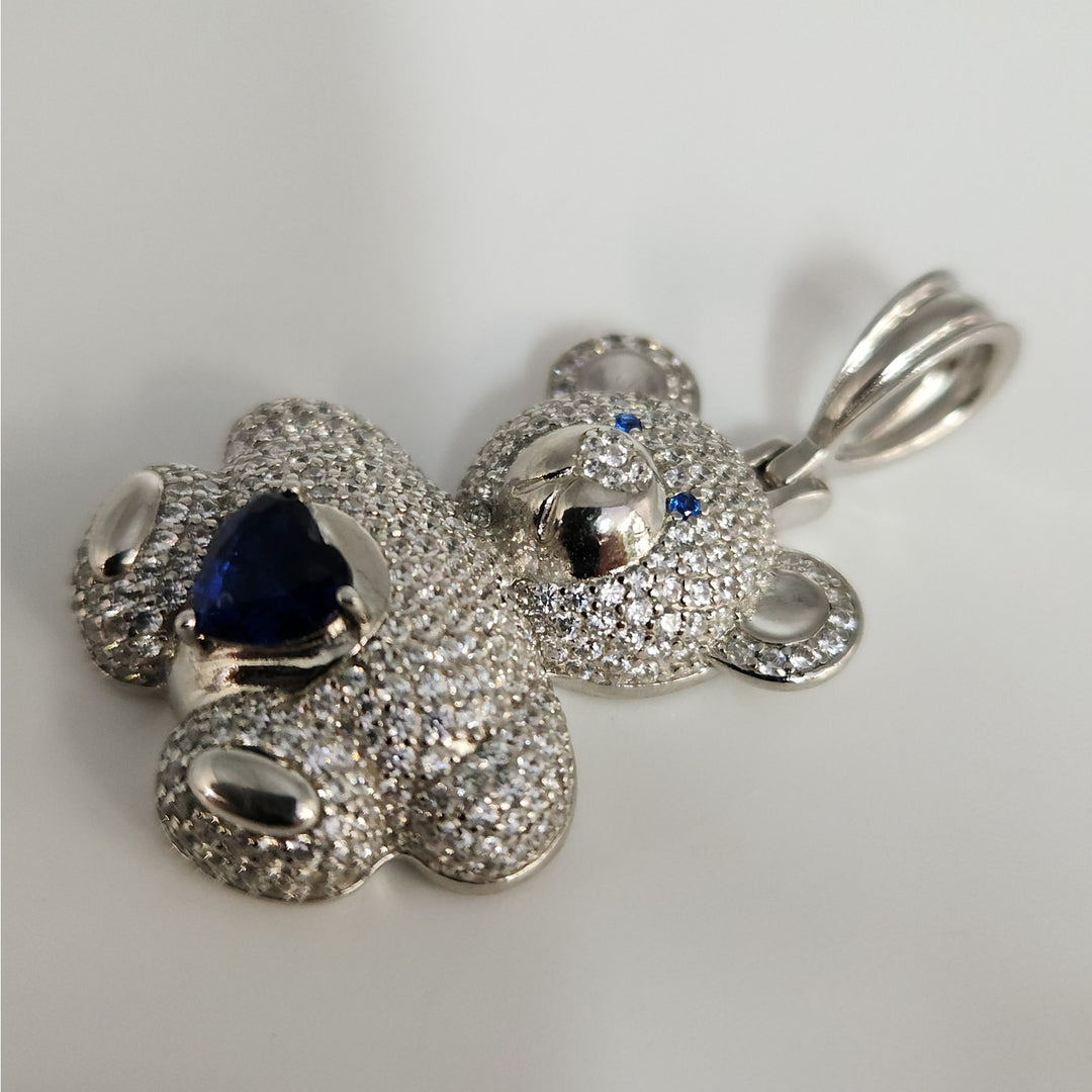 925 Sterling Silver Teddy Bear Pendant With Blue Heart Stone And CZ Accents