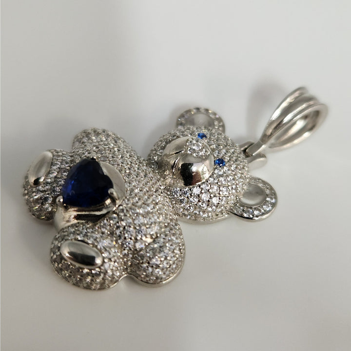 925 Sterling Silver Teddy Bear Pendant With Blue Heart Stone And CZ Accents