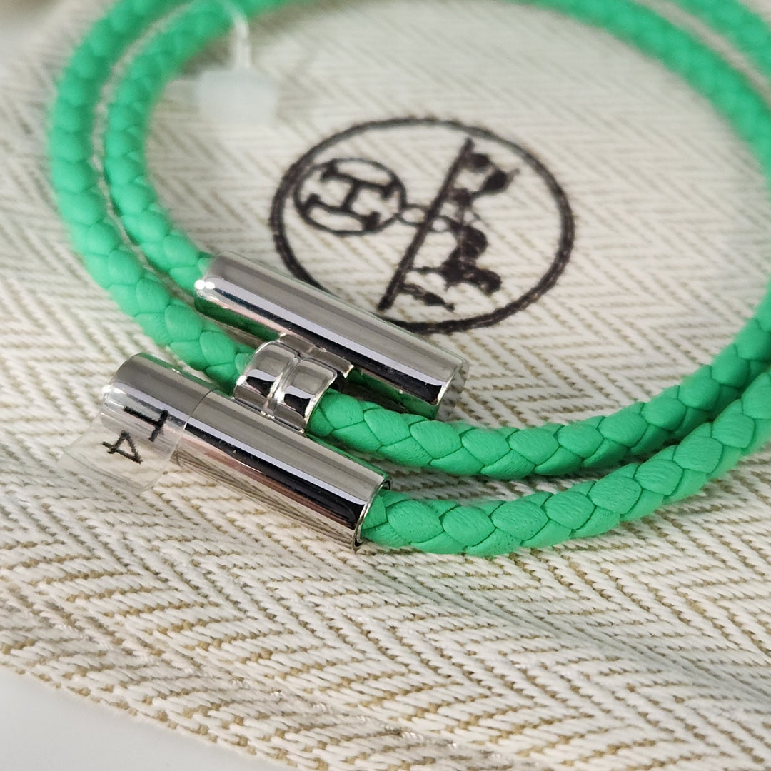 New Hermes Green Tournis Tresse Bracelet Swift Calfskin Authentic T4