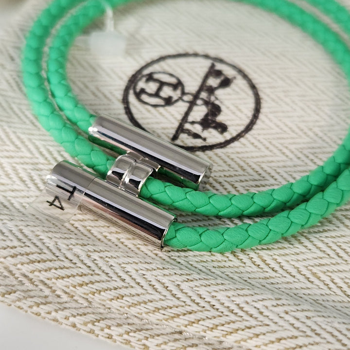 New Hermes Green Tournis Tresse Bracelet Swift Calfskin Authentic T4