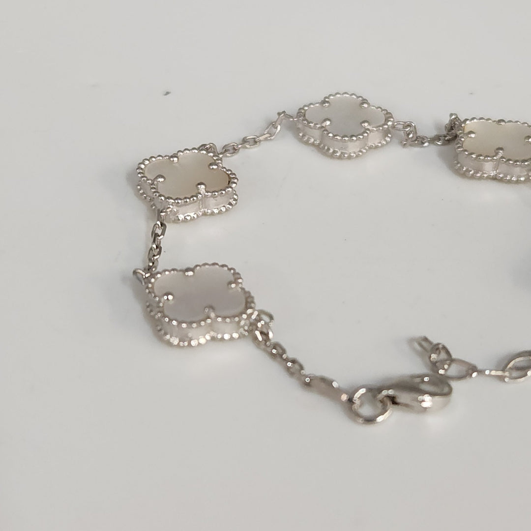 Fashion Silver Bracelet With Mother Of Pearl Floral Clover Links 7.5"