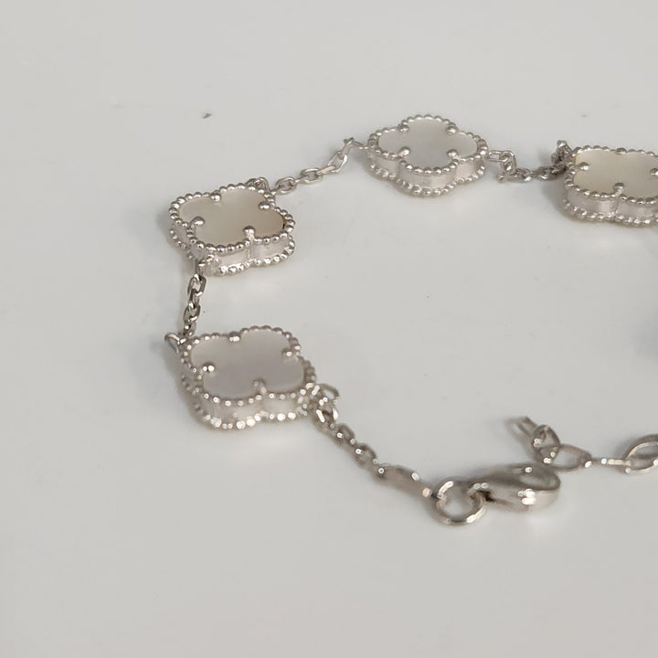 Fashion Silver Bracelet With Mother Of Pearl Floral Clover Links 7.5"