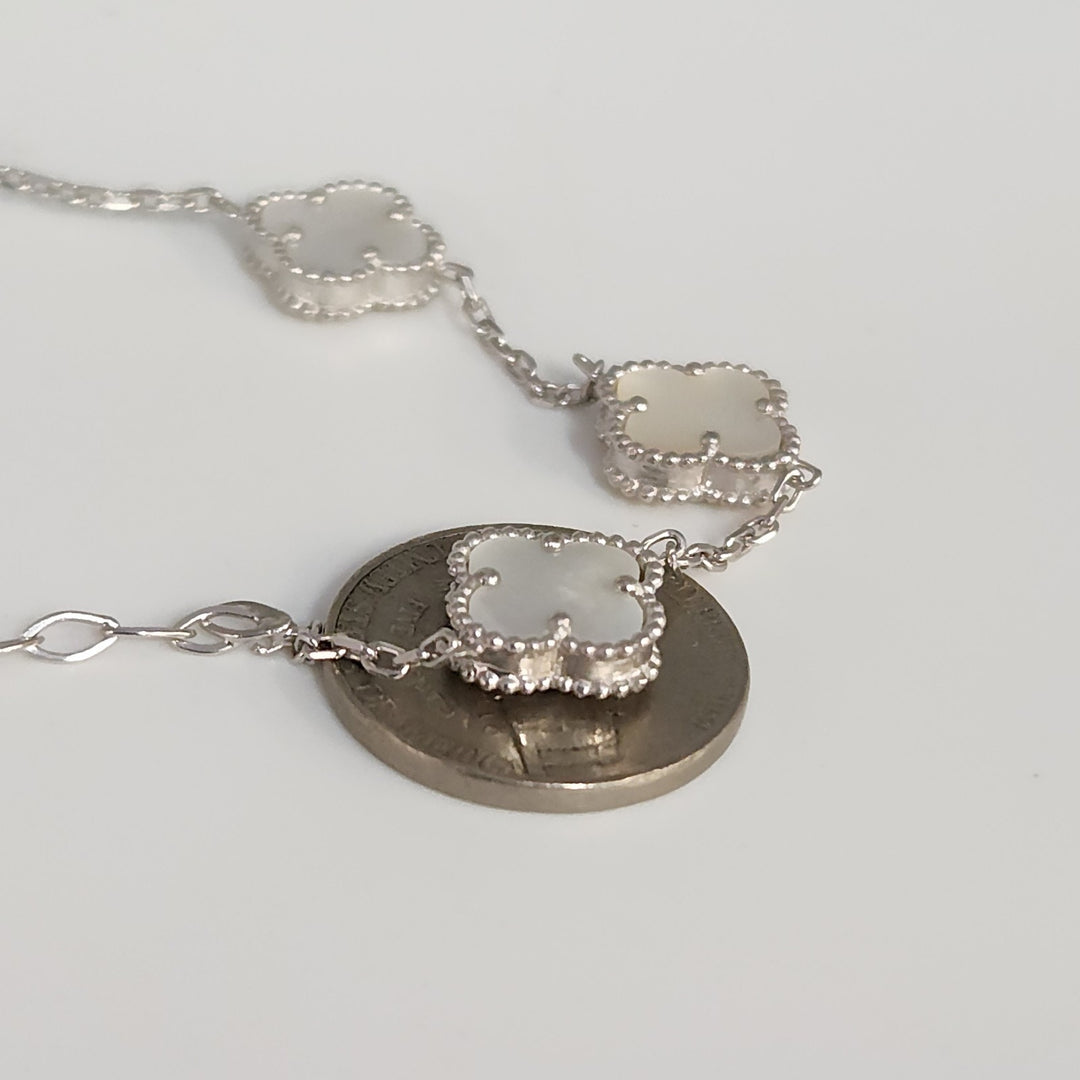 Fashion Silver Bracelet With Mother Of Pearl Floral Clover Links 7.5"