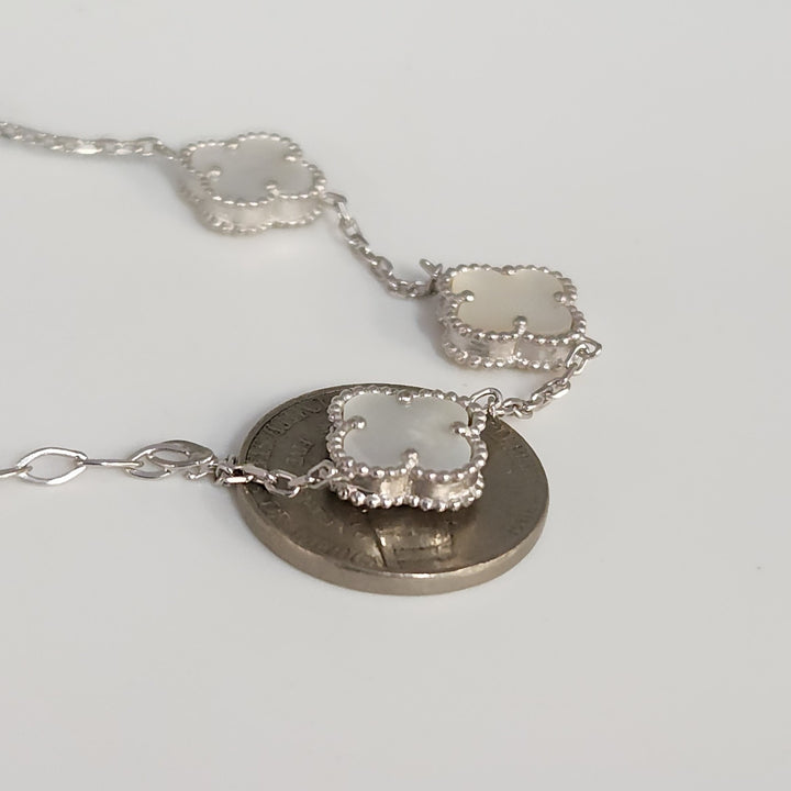 Fashion Silver Bracelet With Mother Of Pearl Floral Clover Links 7.5"