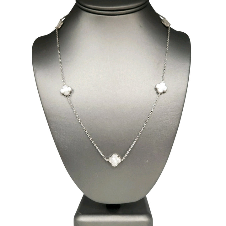 Fashion Silver Mother Of Pearl Clover Motifs Necklace 21"