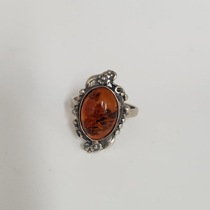 Vintage Sterling Silver Ornate Ring With Large Oval Amber Stone Handmade Floral