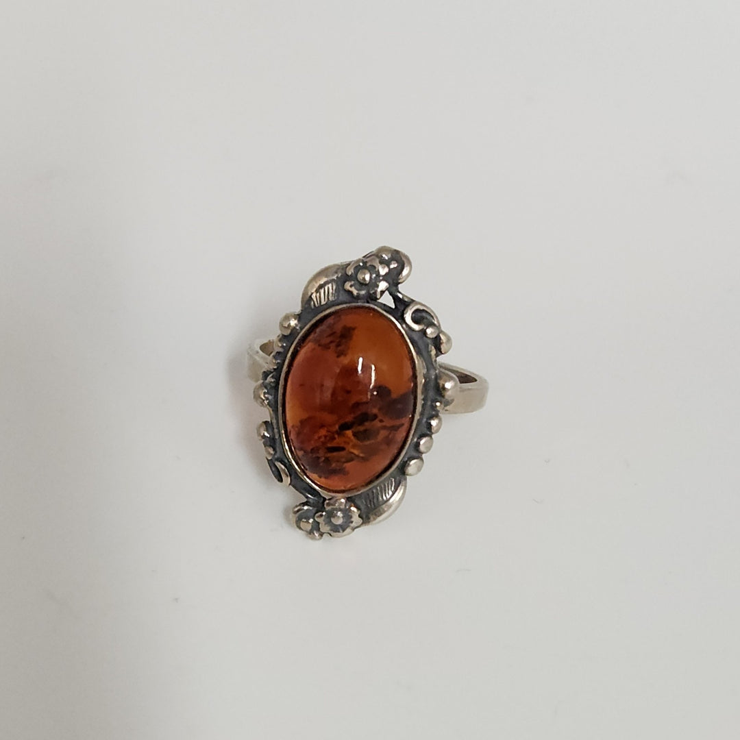Vintage Sterling Silver Ornate Ring With Large Oval Amber Stone Handmade Floral