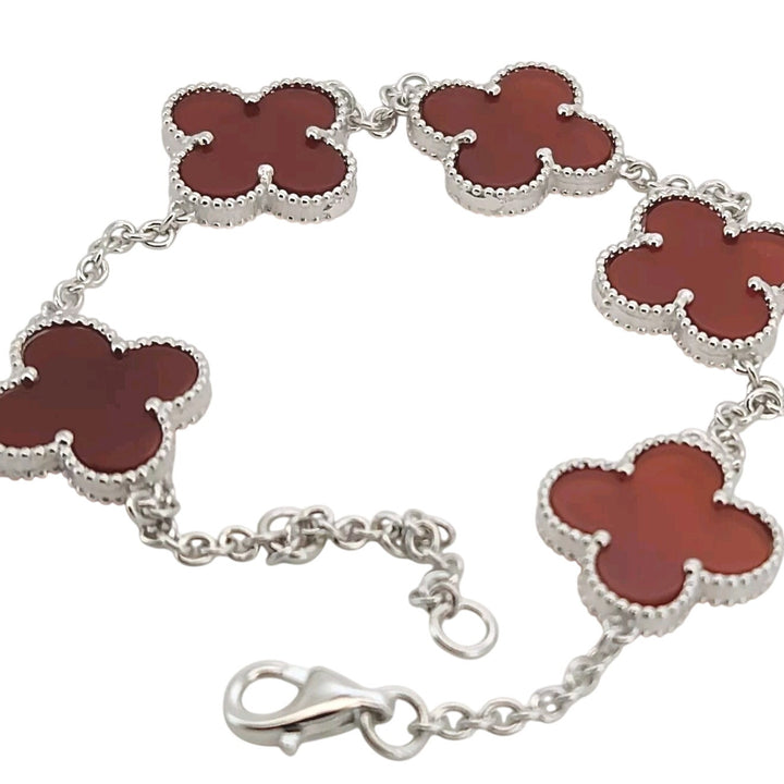 925 Sterling Silver Red Agate Flowers Bracelet 8.2"