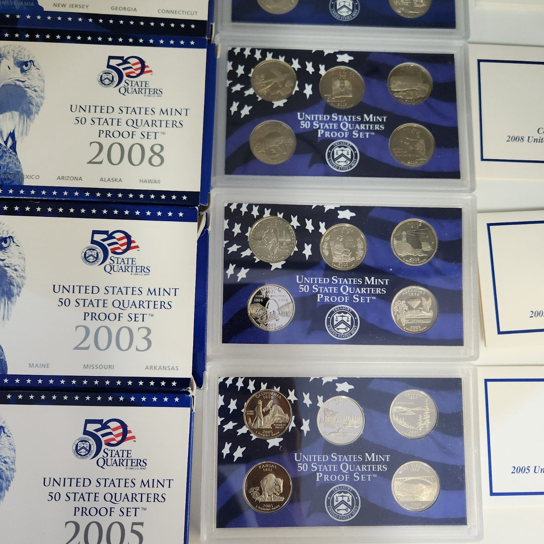 US Mint State Quarter Proof Sets 1999, 2000, 2001, 2003, 2005, 2008
