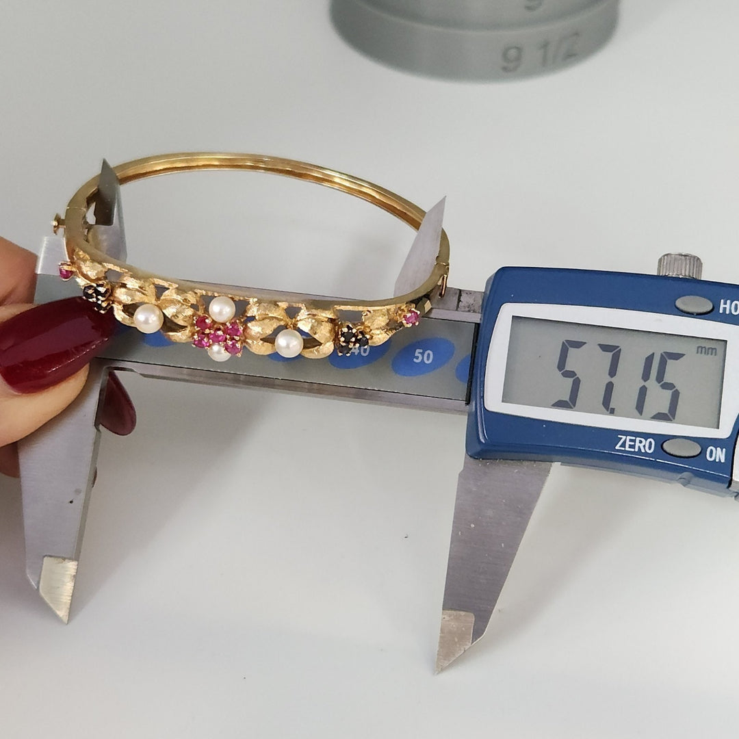 Set Of Antique 14k Yellow Gold Diamond,Pearls,Ruby &Sapphire Bangle Bracelets