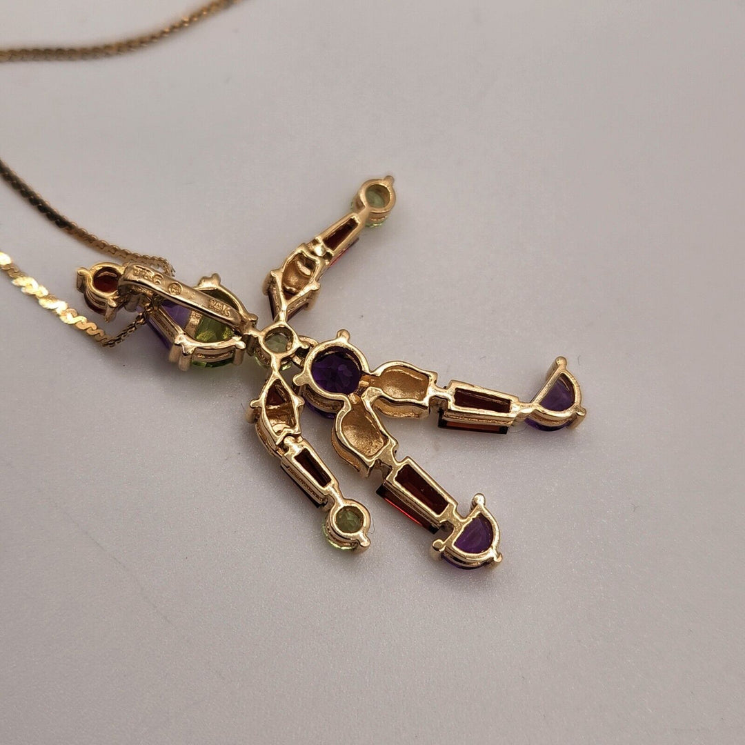 Whimsical 14k Yellow Gold Jester Natural Gemstones Pendant Necklace 16"