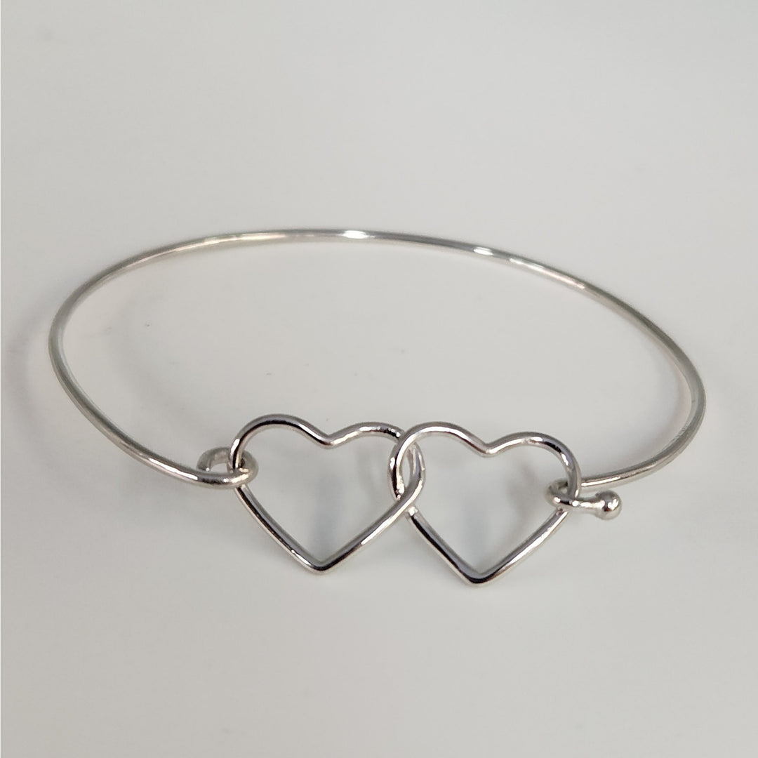 925 Sterling Silver Double Heart Bangle Bracelet