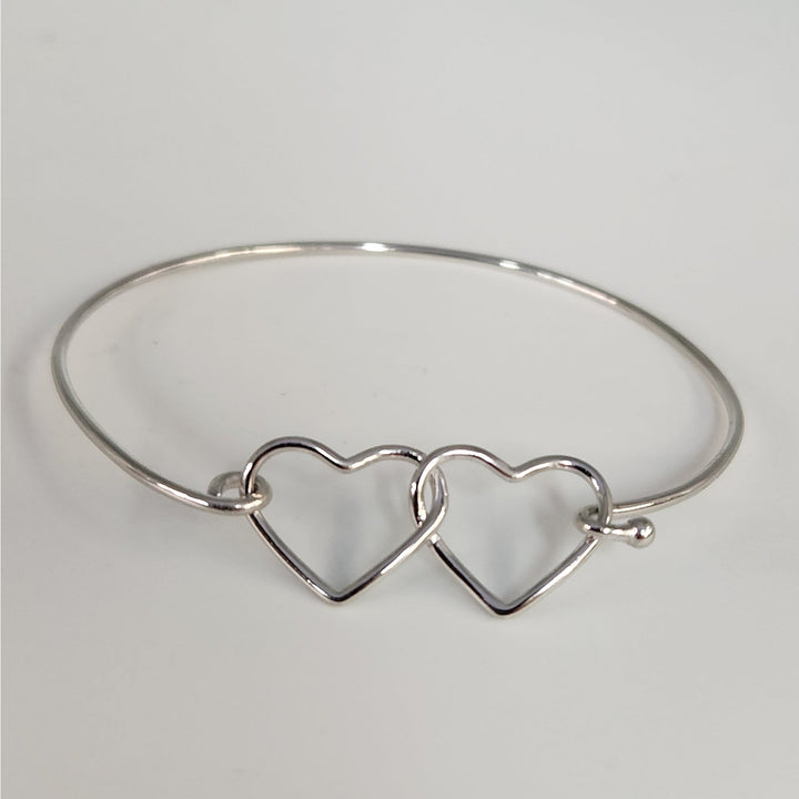 925 Sterling Silver Double Heart Bangle Bracelet