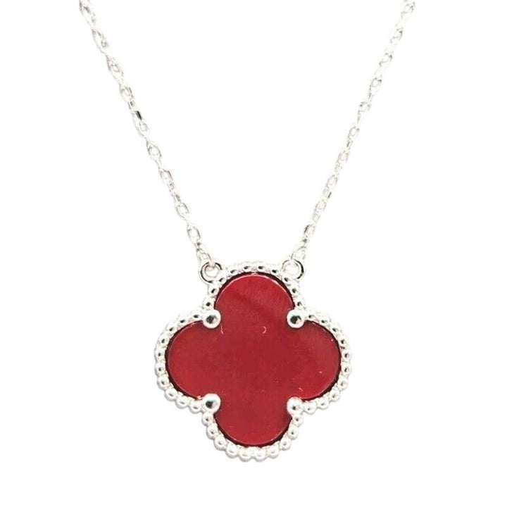 925 Sterling Silver Deep Red Flower Pendant Necklace 17.5" A