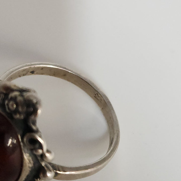 Vintage Sterling Silver Ornate Ring With Large Oval Amber Stone Handmade Floral